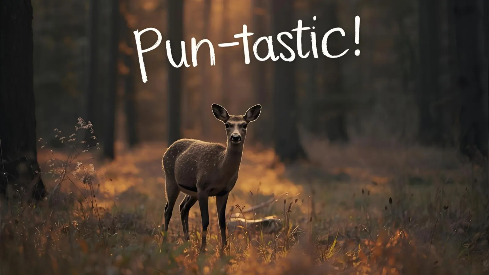 “A deer standing in a sunlit forest clearing beside playful word art suggesting puns.”