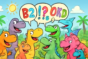 Colorful cartoon dinosaurs joking around with word-filled speech bubbles in a sunny prehistoric scene.