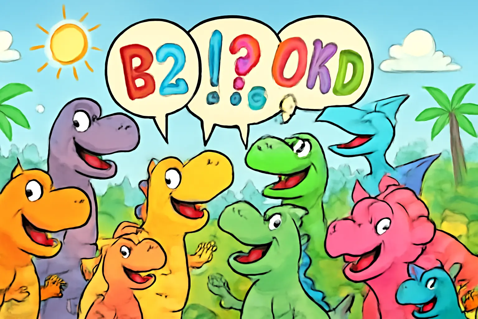 Colorful cartoon dinosaurs joking around with word-filled speech bubbles in a sunny prehistoric scene.