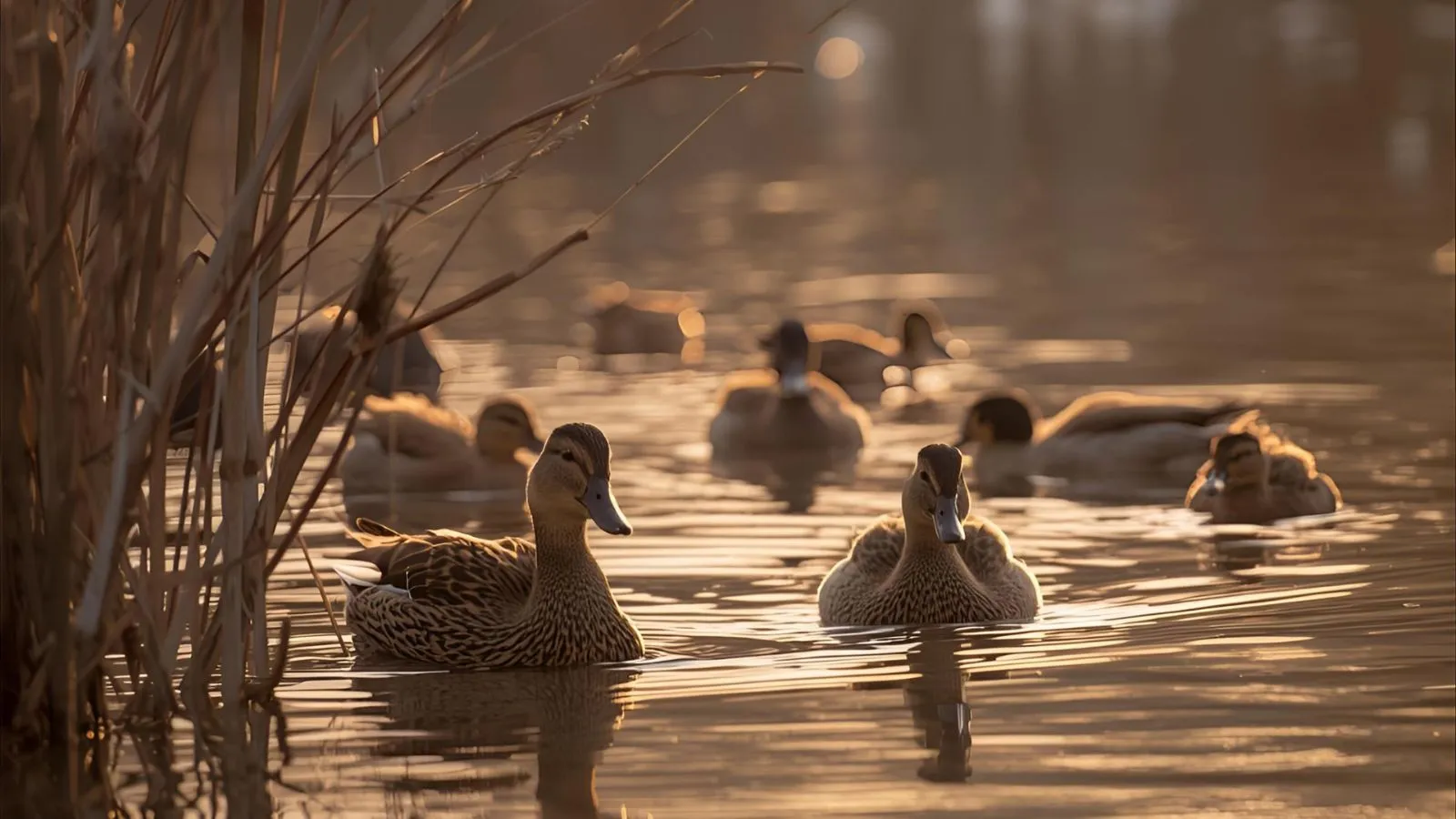 Close shot of a duck by a sunlit pond with soft ripples.