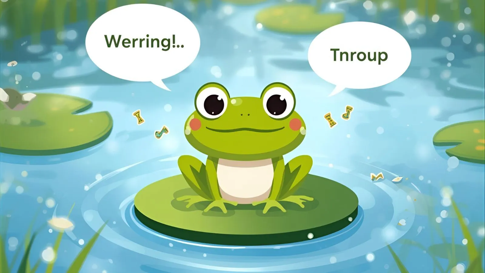 Smiling cartoon frog on a lily pad in a colorful pond with playful speech bubbles.