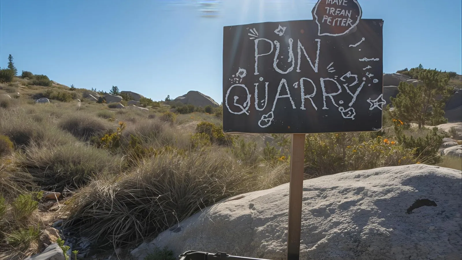 Sunlit boulders and geodes beside a “Pun Quarry” chalk sign.
