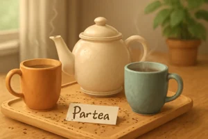Overhead view of a teapot and two steaming mugs on a wooden table with loose tea leaves, styled in a cozy, playful way.