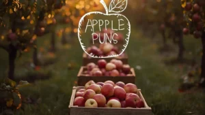 Warm autumn apple orchard with baskets of apples and playful text suggesting apple puns.