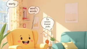 A cheerful chair and couch in a cozy living room with speech bubbles showing clean, playful word twists.