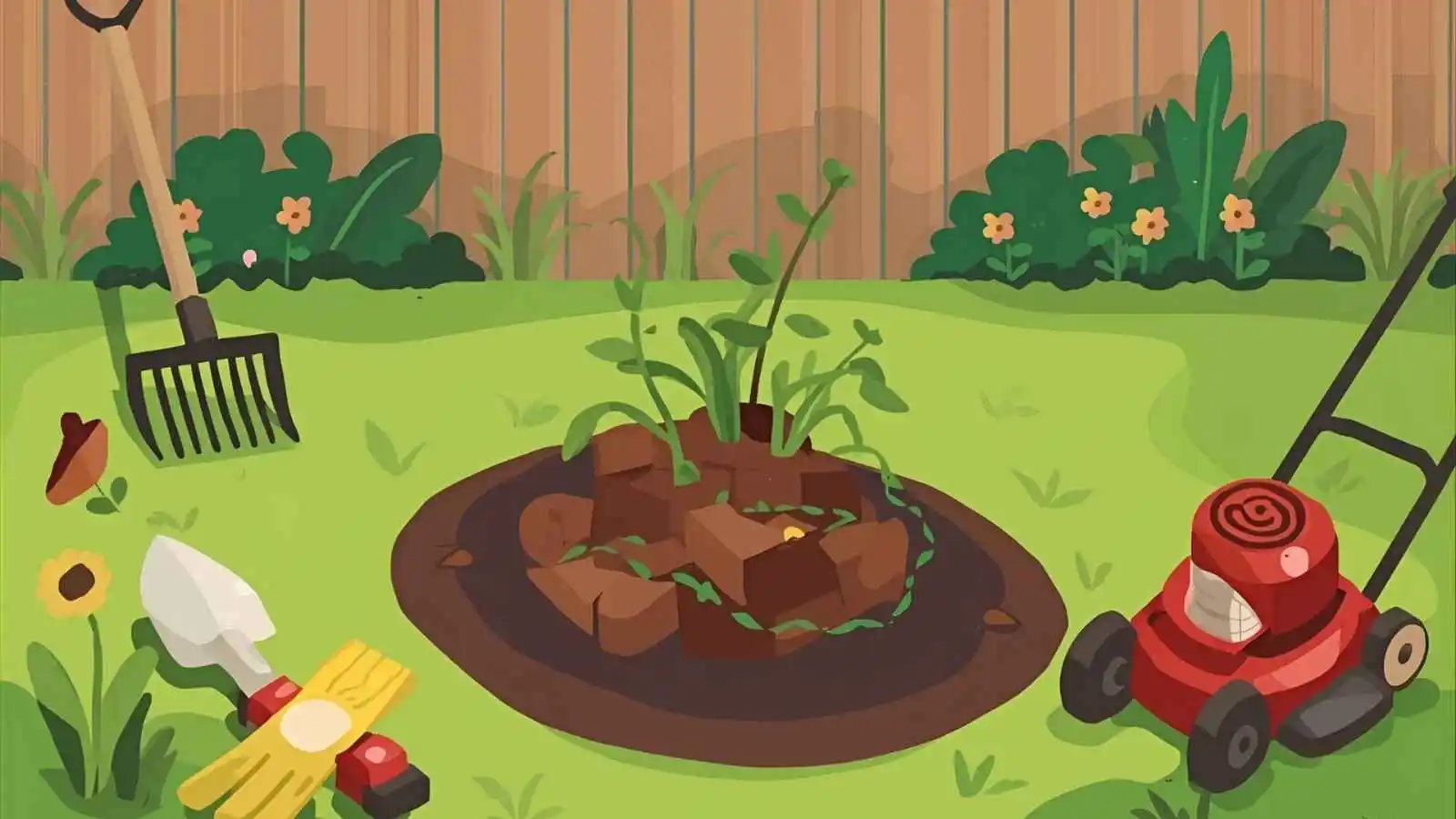 Backyard weeding scene with garden gloves, tools, a small weed pile, and a tidy lawn.