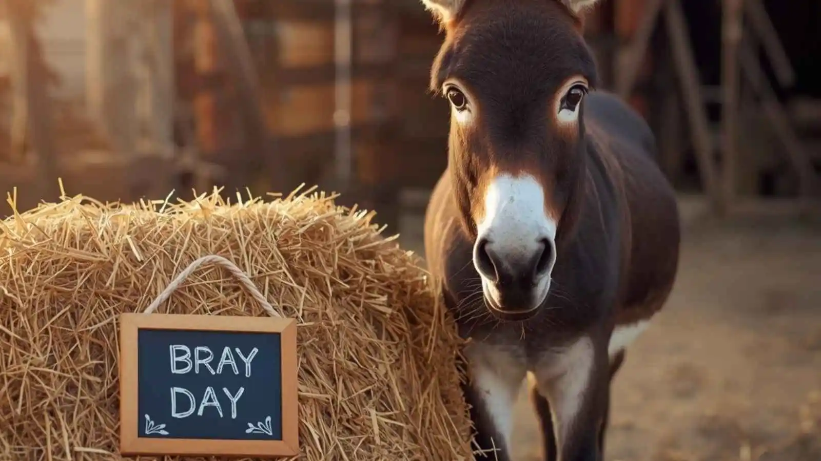 Smiling donkey near hay bale and chalkboard with playful “bray” wordplay