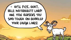 Smiling cartoon goat standing on a hilltop near a barn, surrounded by playful word bubbles showing lighthearted goat-themed jokes.