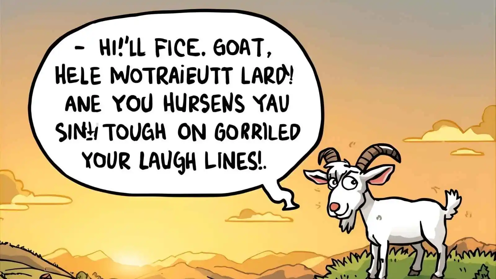 Smiling cartoon goat standing on a hilltop near a barn, surrounded by playful word bubbles showing lighthearted goat-themed jokes.