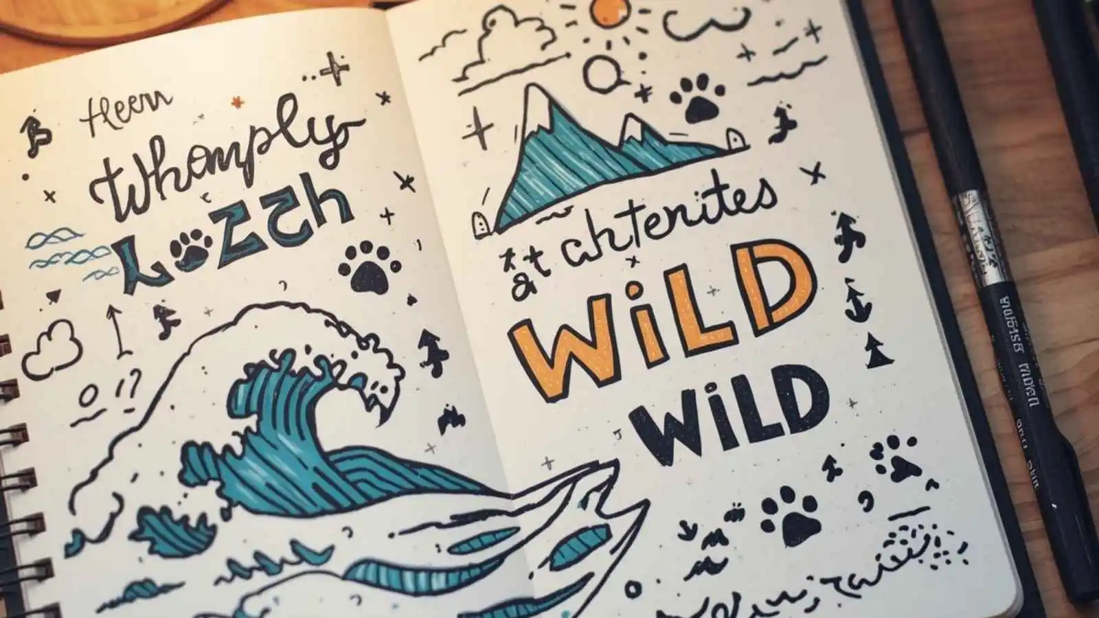 Illustrated notebook of Japanese-style word doodles around the word “WILD” on a cozy desk