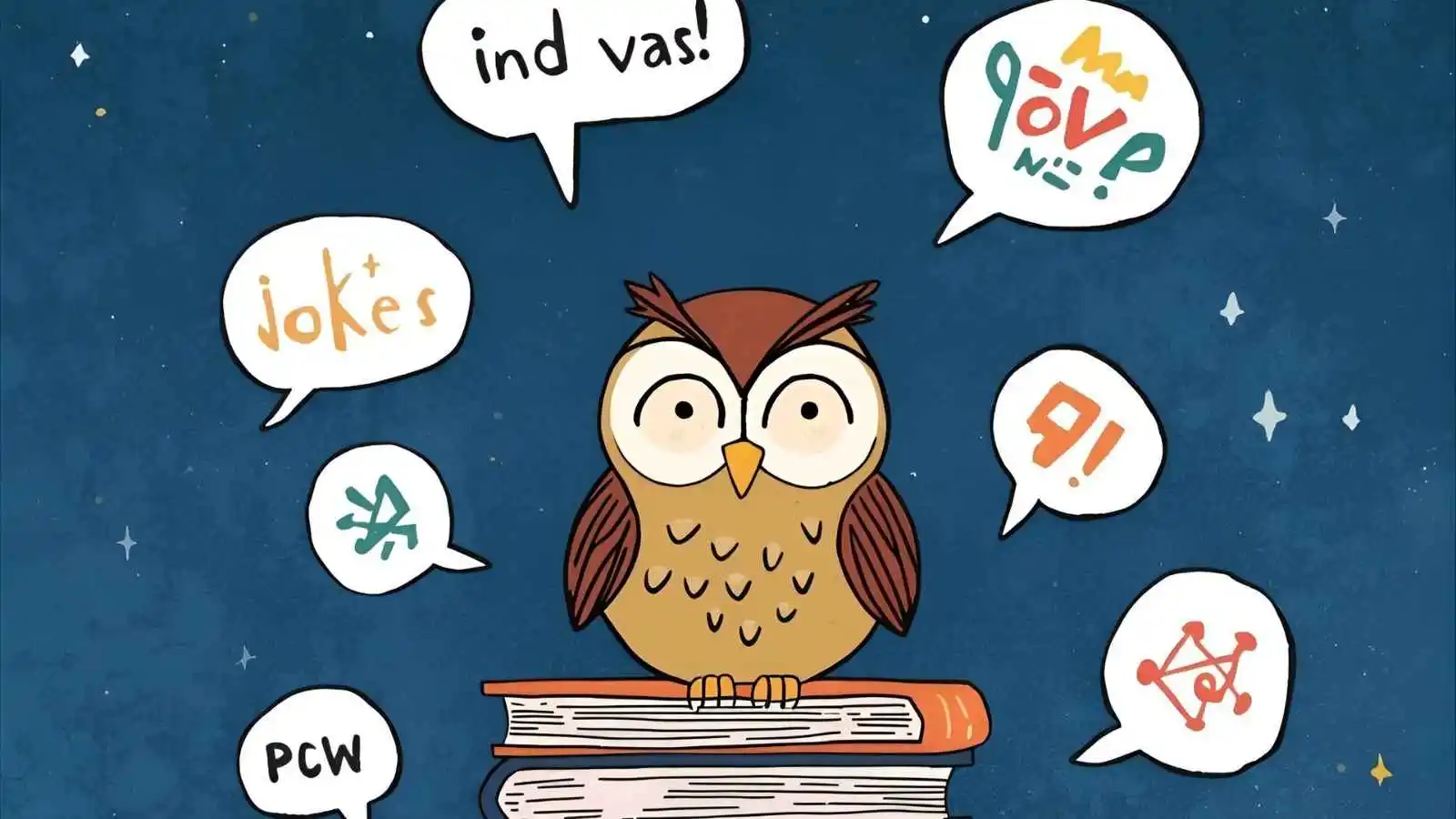 Cartoon owl sitting on books under a night sky, suggesting clever, funny owl jokes.
