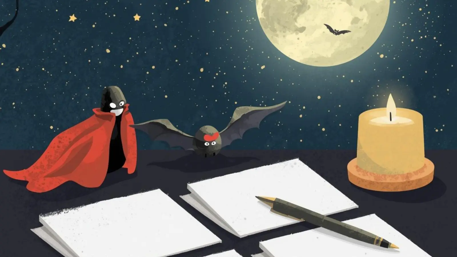 Moonlit desk with name tags and vampire-themed props for funny name ideas