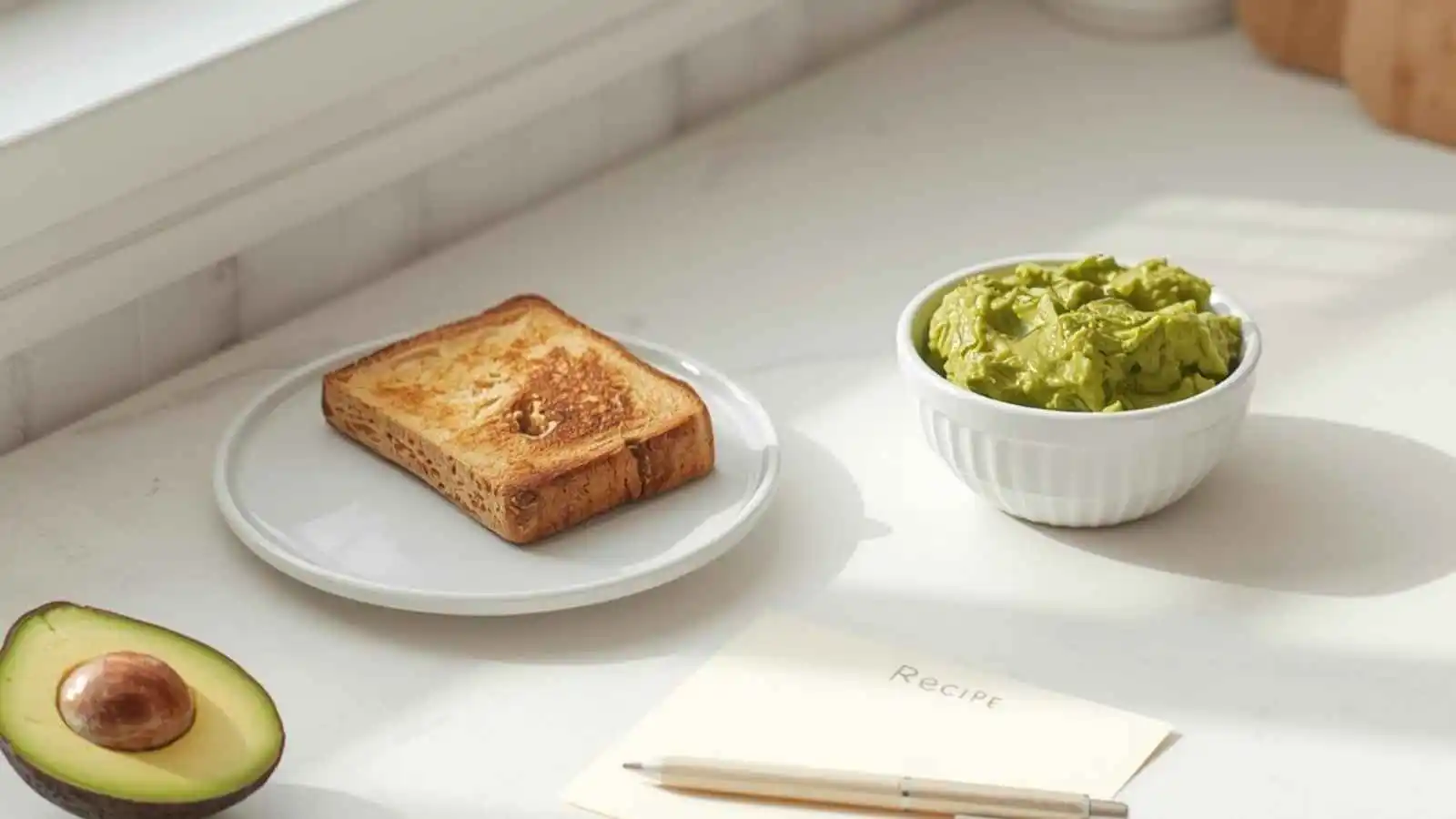 Halved avocado, toast, and a bowl of guacamole on a bright counter.