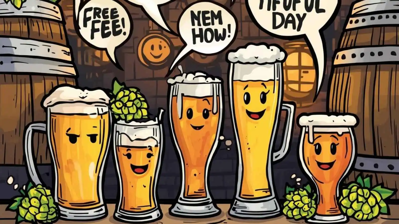 Colorful cartoon beer setup with hilarious original beer puns in speech bubbles.