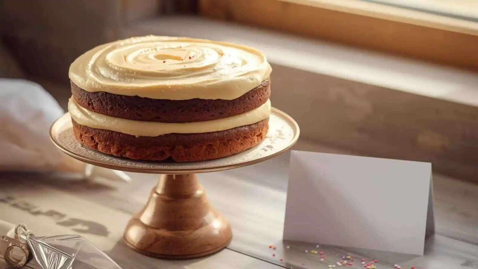 A frosted layer cake on a bakery counter with sprinkles and a piping bag.