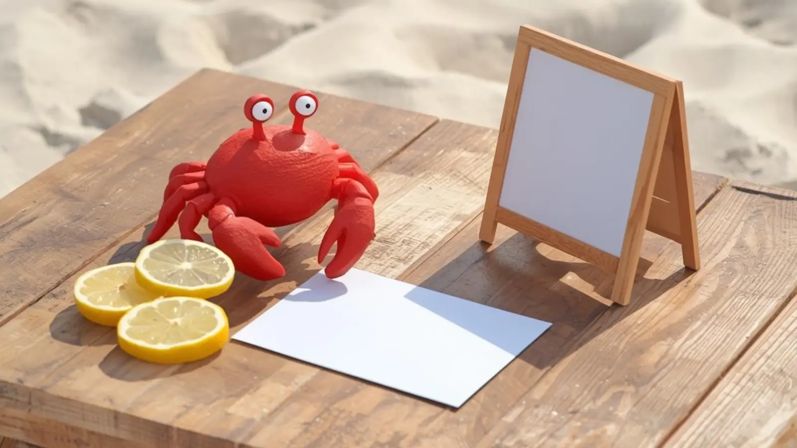 Beach picnic setup with a crab figurine and blank postcard.
