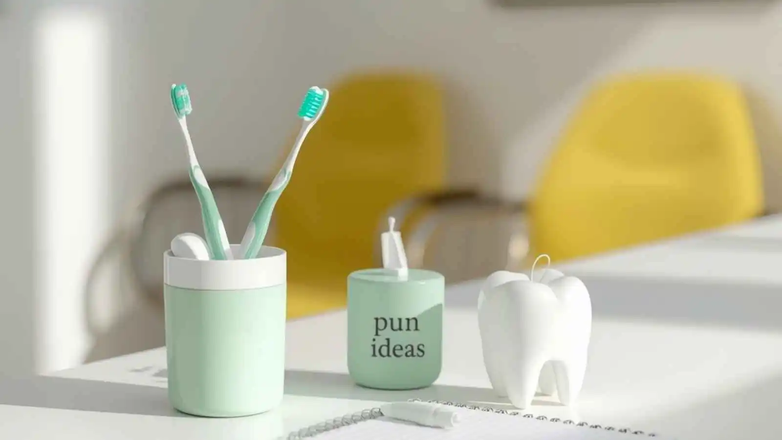 A cheerful dental counter setup with toothbrush, floss, and a tooth-shaped stress ball.