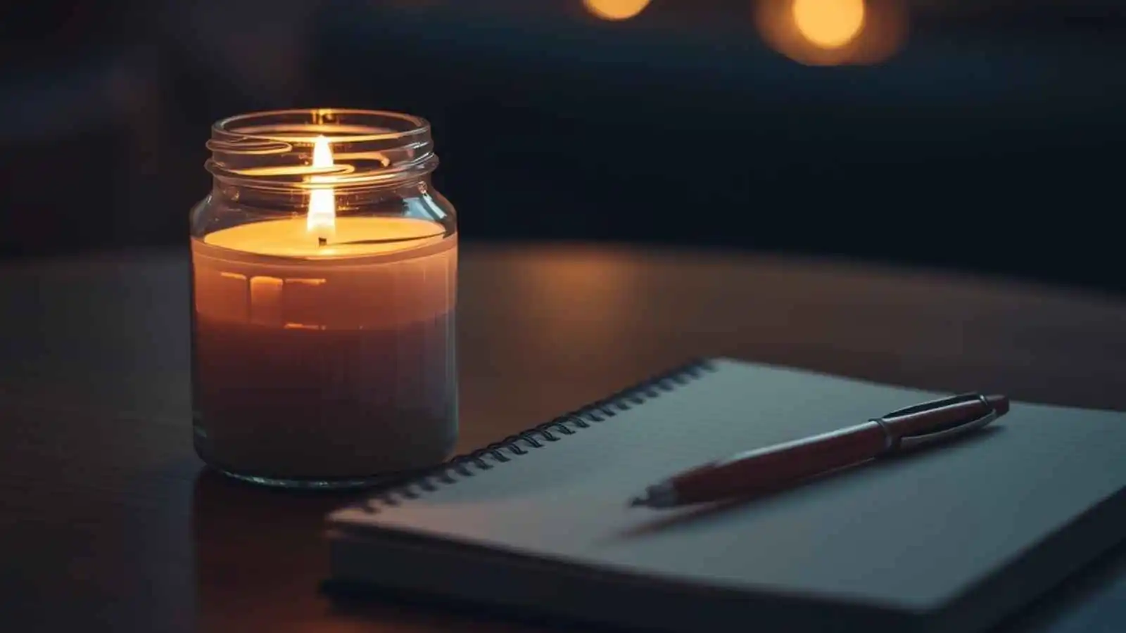 Lit candle beside a notebook and pen on a cozy table.