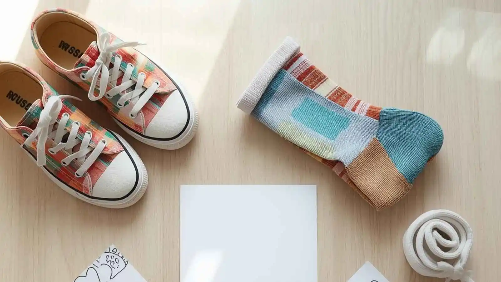 Flat-lay of sneakers, socks, and footprint doodles beside a blank card.