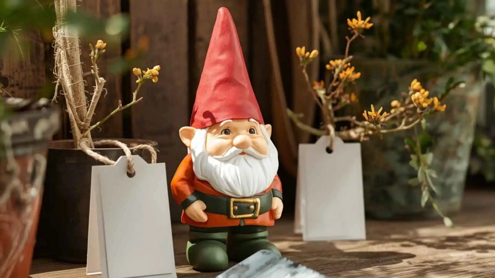 Garden workbench with a small gnome figurine, blank plant tags, and a trowel.