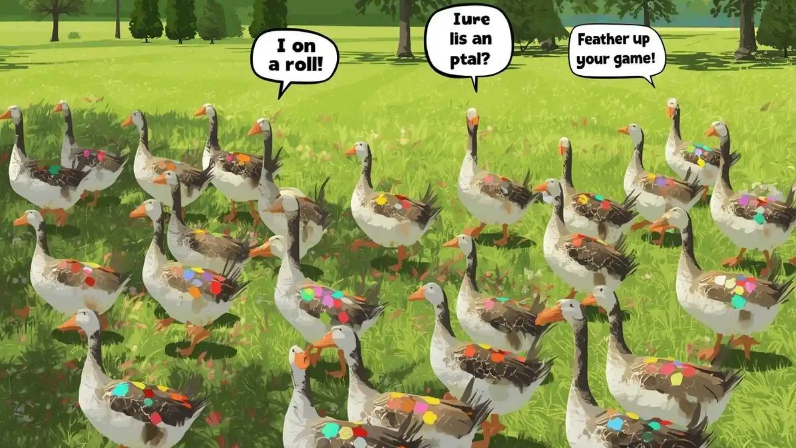 Flock of happy geese waddling with hilarious original puns floating in speech bubbles.