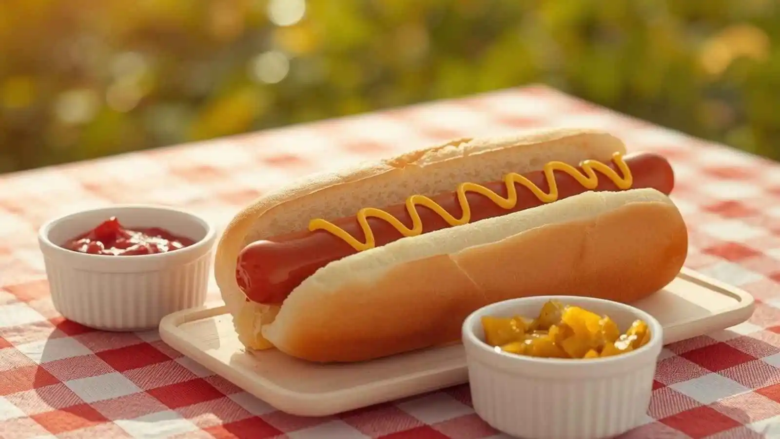 Hot dog on a bun with ketchup, mustard, and relish on a picnic table.