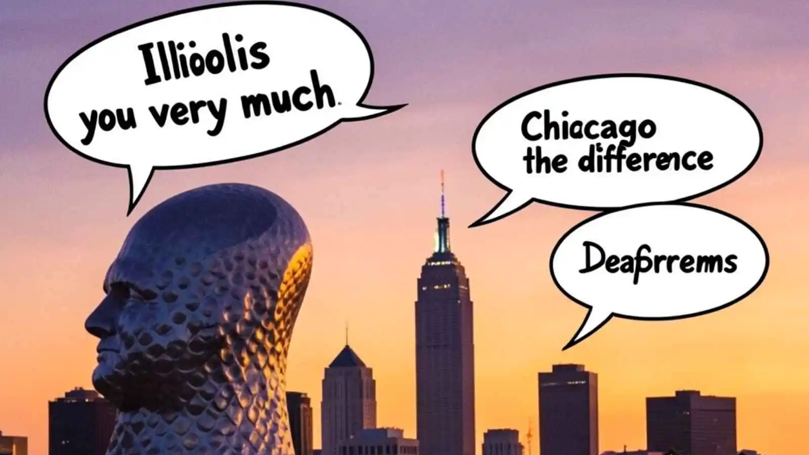 Chicago skyline, deep-dish pizza, and Lincoln with hilarious original Illinois puns floating in speech bubbles.