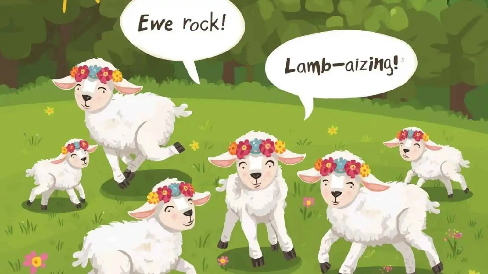 Adorable fluffy lambs frolicking in a meadow with hilarious original puns floating in speech bubbles.