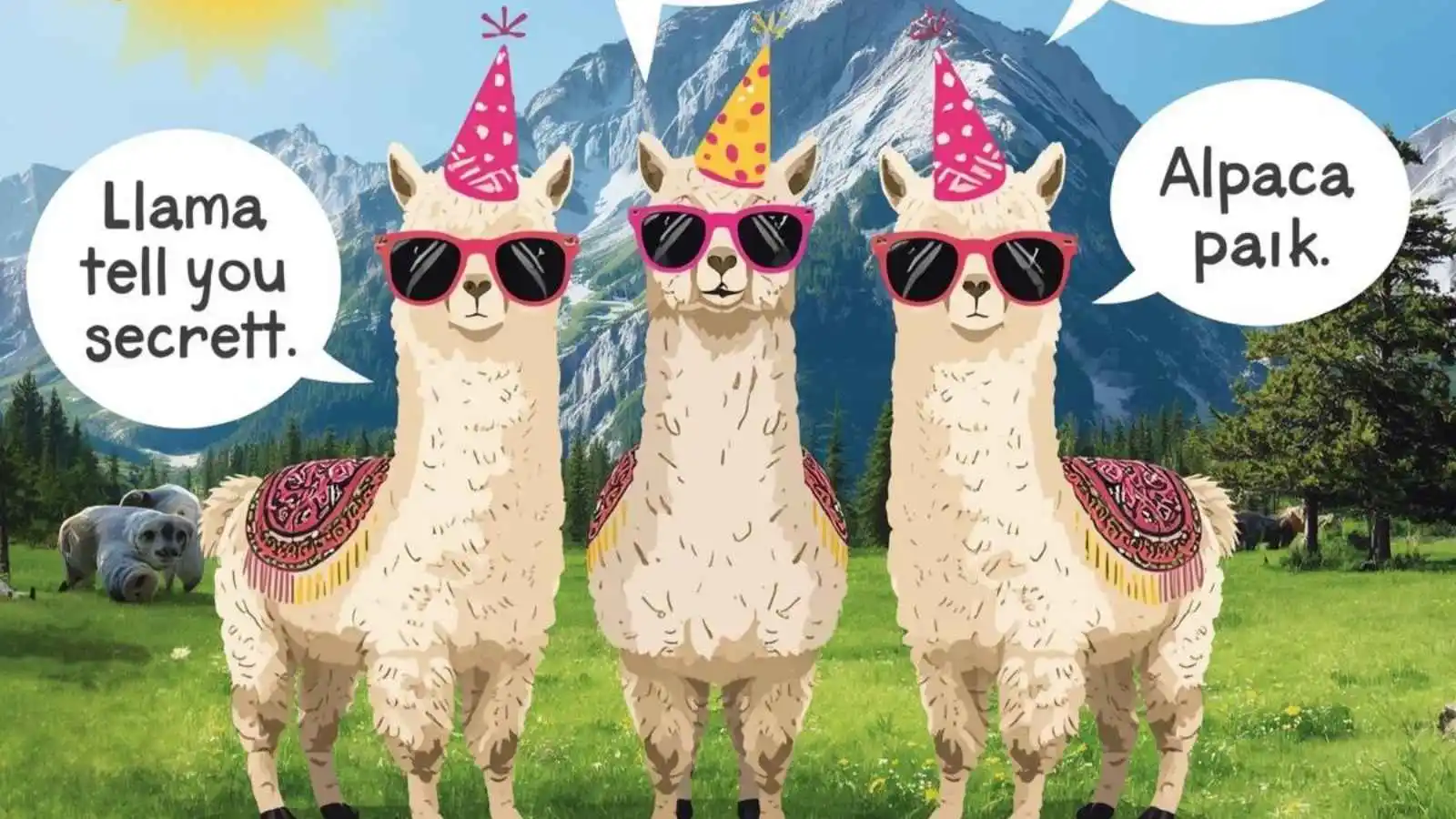 Adorable llamas posing dramatically with hilarious original puns in speech bubbles.