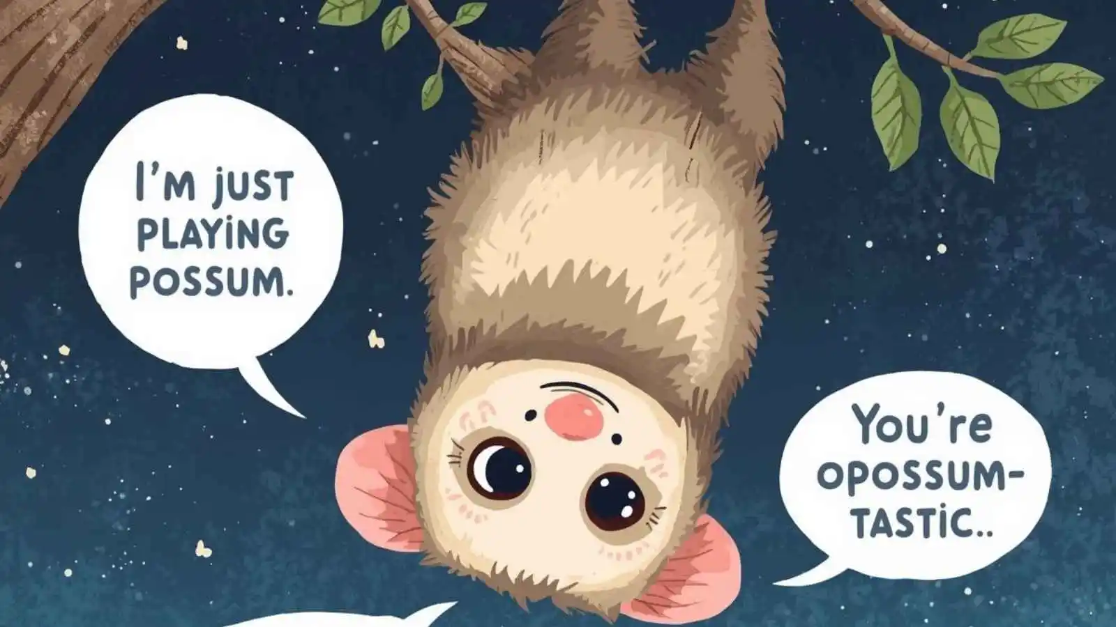 Adorable opossum hanging upside down with hilarious original puns floating in speech bubbles.