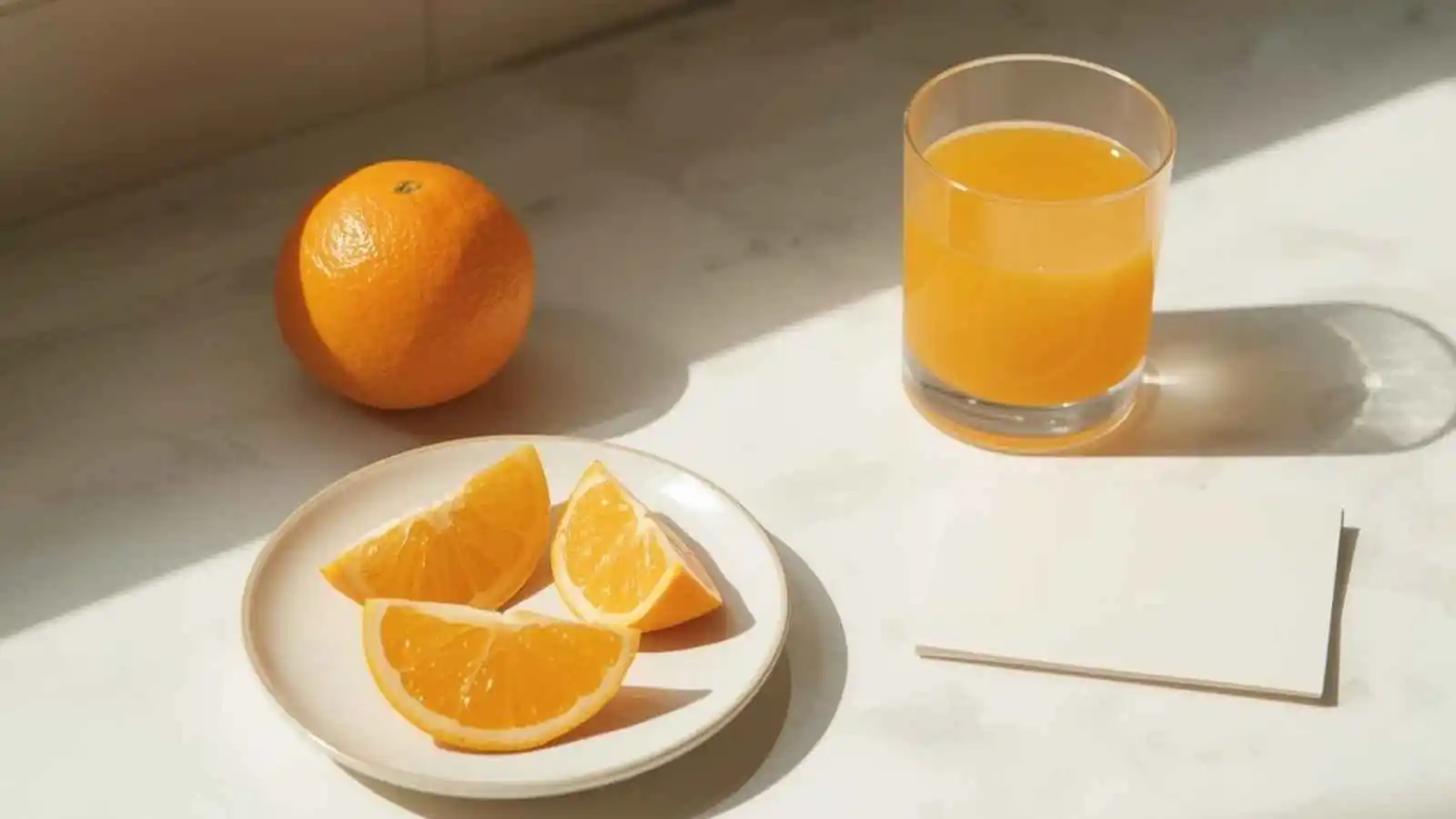 Orange slices on a plate beside a glass of juice on a sunny counter.