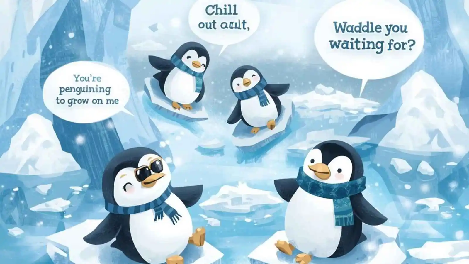 Cute penguins sliding and posing with hilarious original puns floating in speech bubbles.
