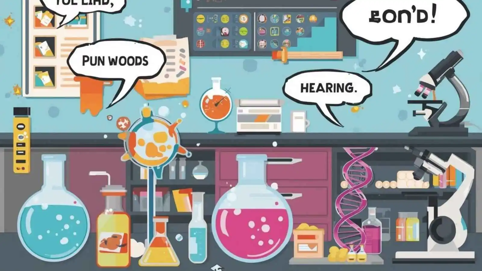 Fun science lab setup with hilarious original puns floating in speech bubbles.