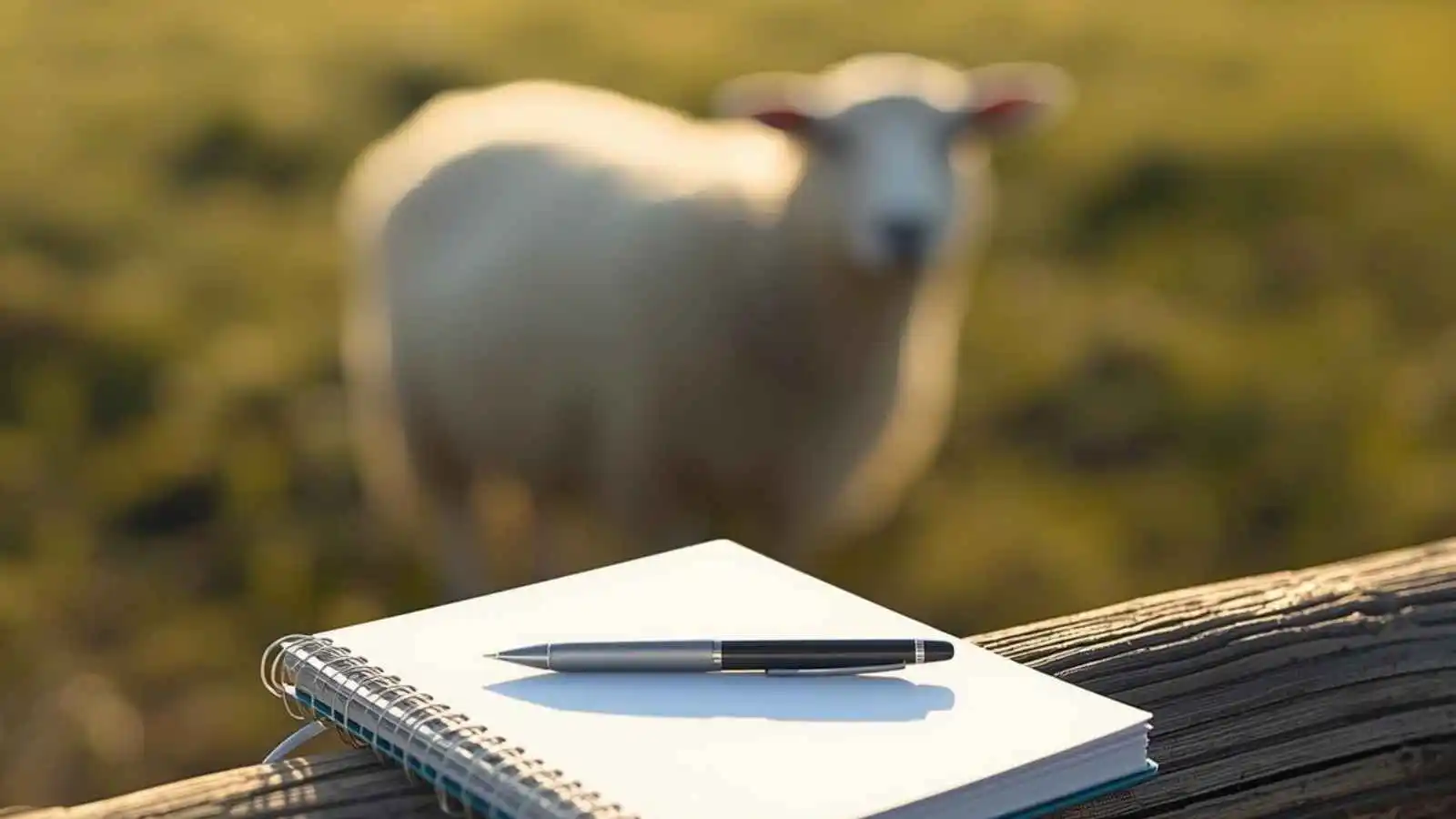 Blank notebook on a fence with a sheep in a sunny field.