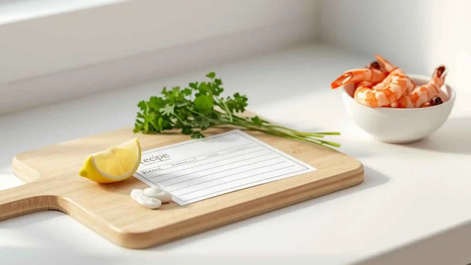 Blank recipe card on a board with shrimp, lemon, and herbs in soft light.