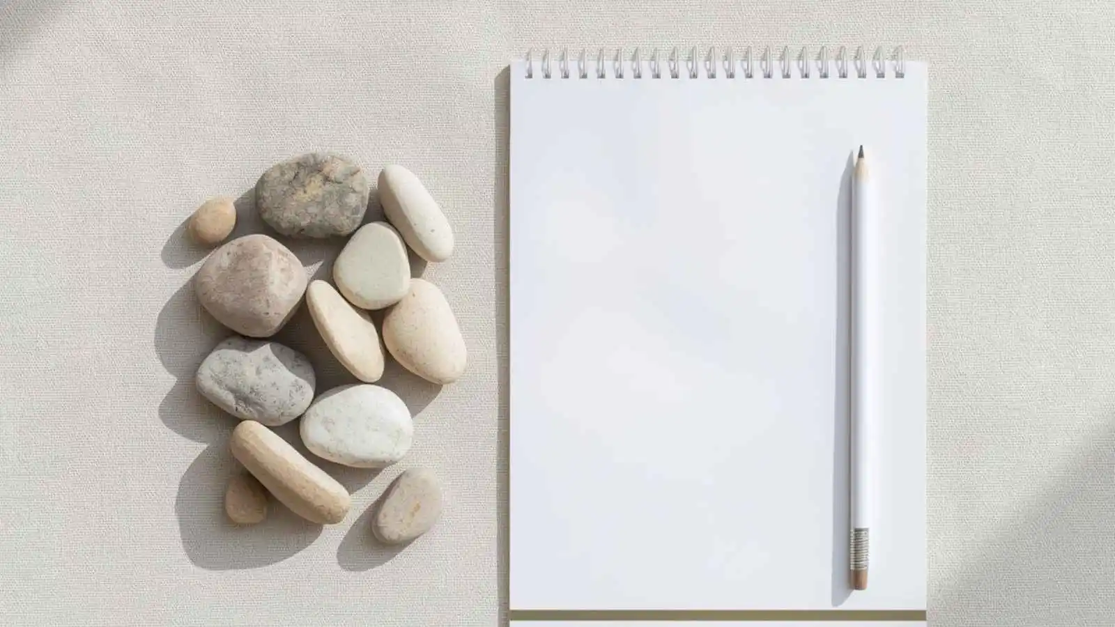 Smooth river stones beside a blank notepad and pencil.