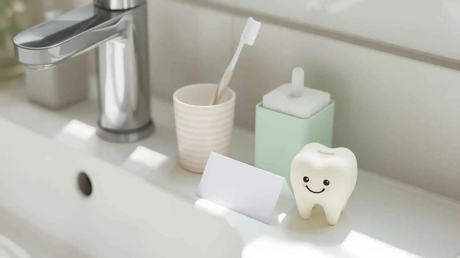Bright bathroom counter with toothbrush, floss, and a blank note card.