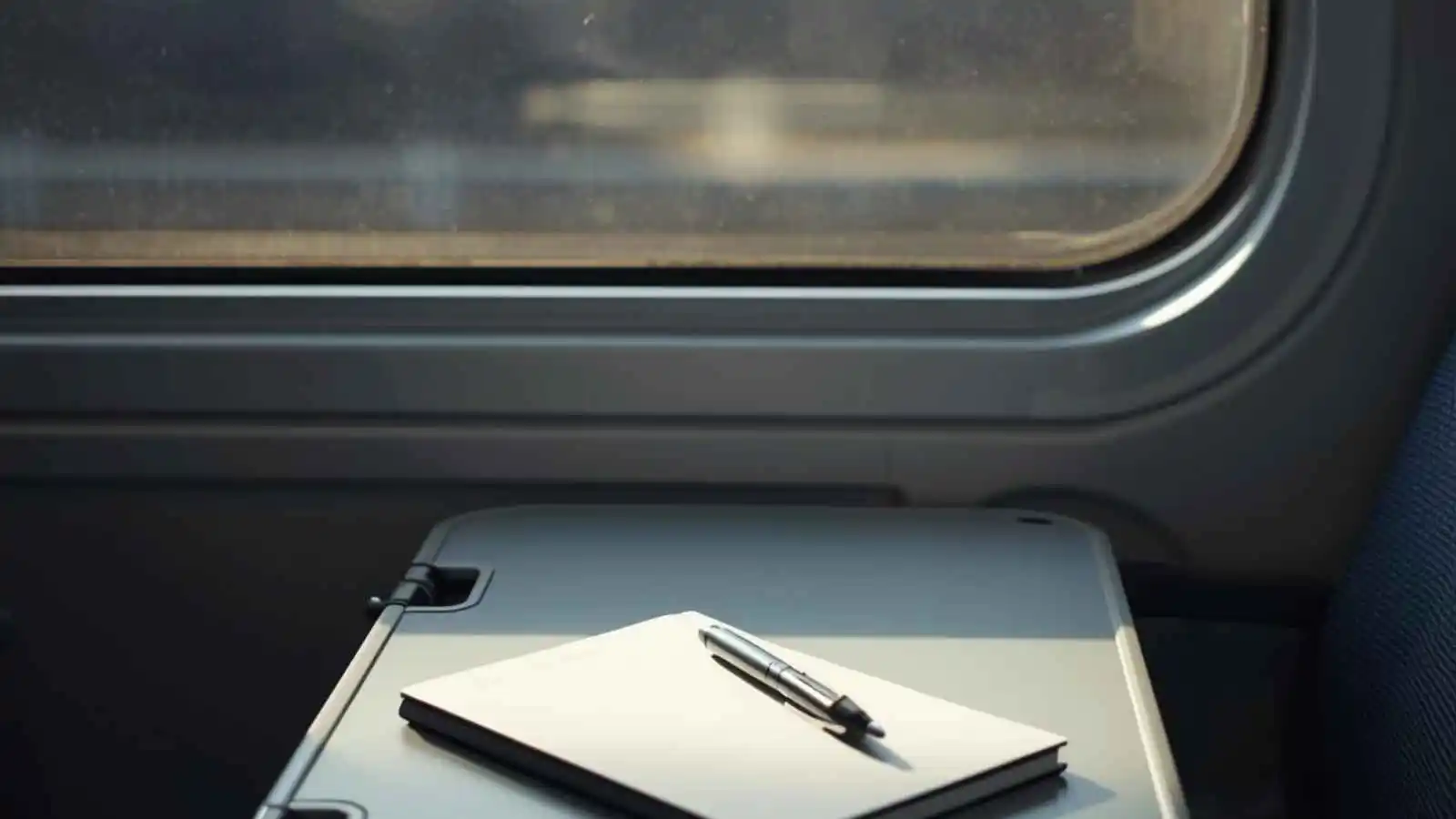 Notebook and pen on a tray table beside a train window with scenery outside.
