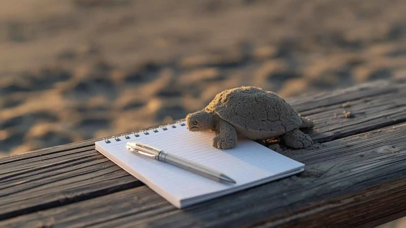 Notebook and pen on a bench near a turtle-shaped sand sculpture by the beach.