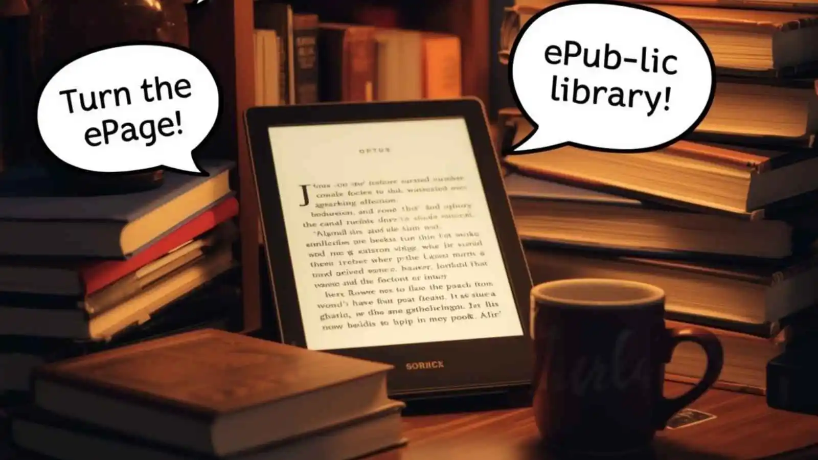 Cozy e-reader and books with hilarious original ePub puns floating in speech bubbles.