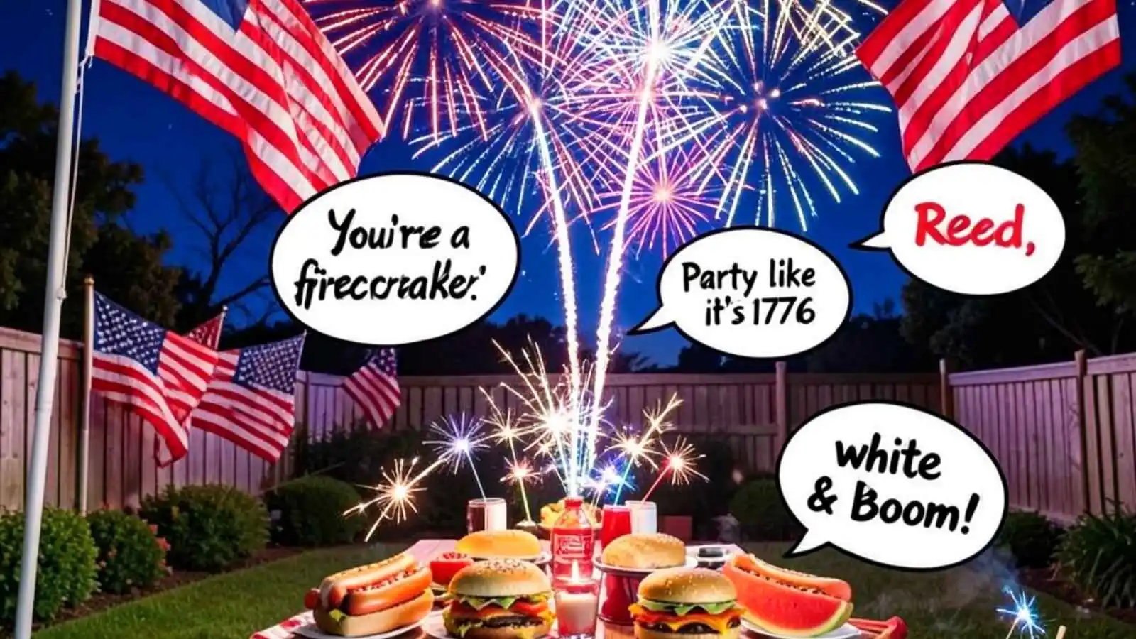 Festive 4th of July backyard party with fireworks and hilarious original puns floating in speech bubbles.