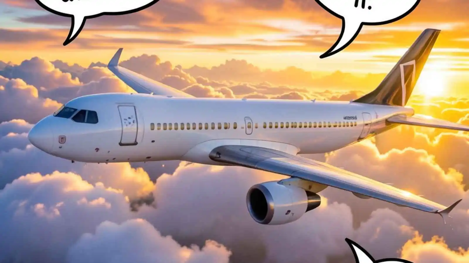 Airplane soaring through beautiful clouds with hilarious original puns floating in speech bubbles.