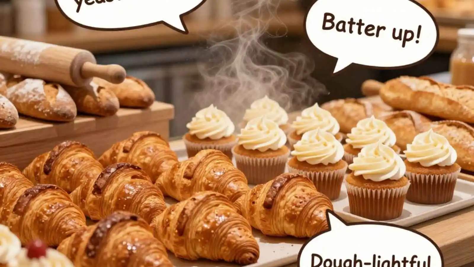 Freshly baked goods and baking tools with hilarious original puns floating in speech bubbles.
