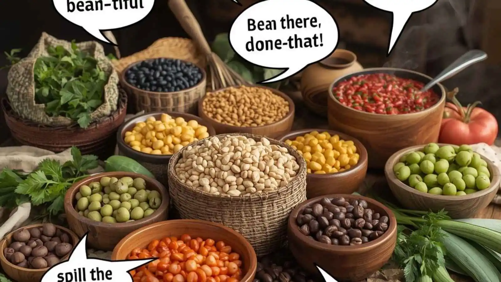 Heap of assorted beans and coffee with hilarious original bean puns floating in speech bubbles.