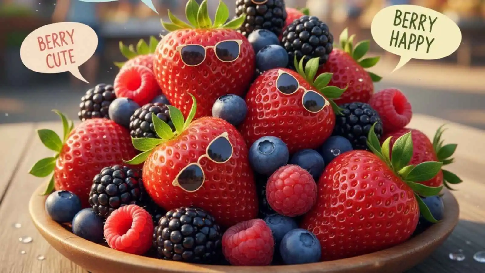 Pile of shiny fresh mixed berries with hilarious original puns floating in speech bubbles.