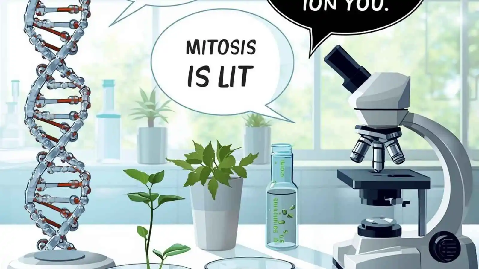 Biology lab setup with microscope, DNA model and petri dishes + hilarious original puns floating in speech bubbles.