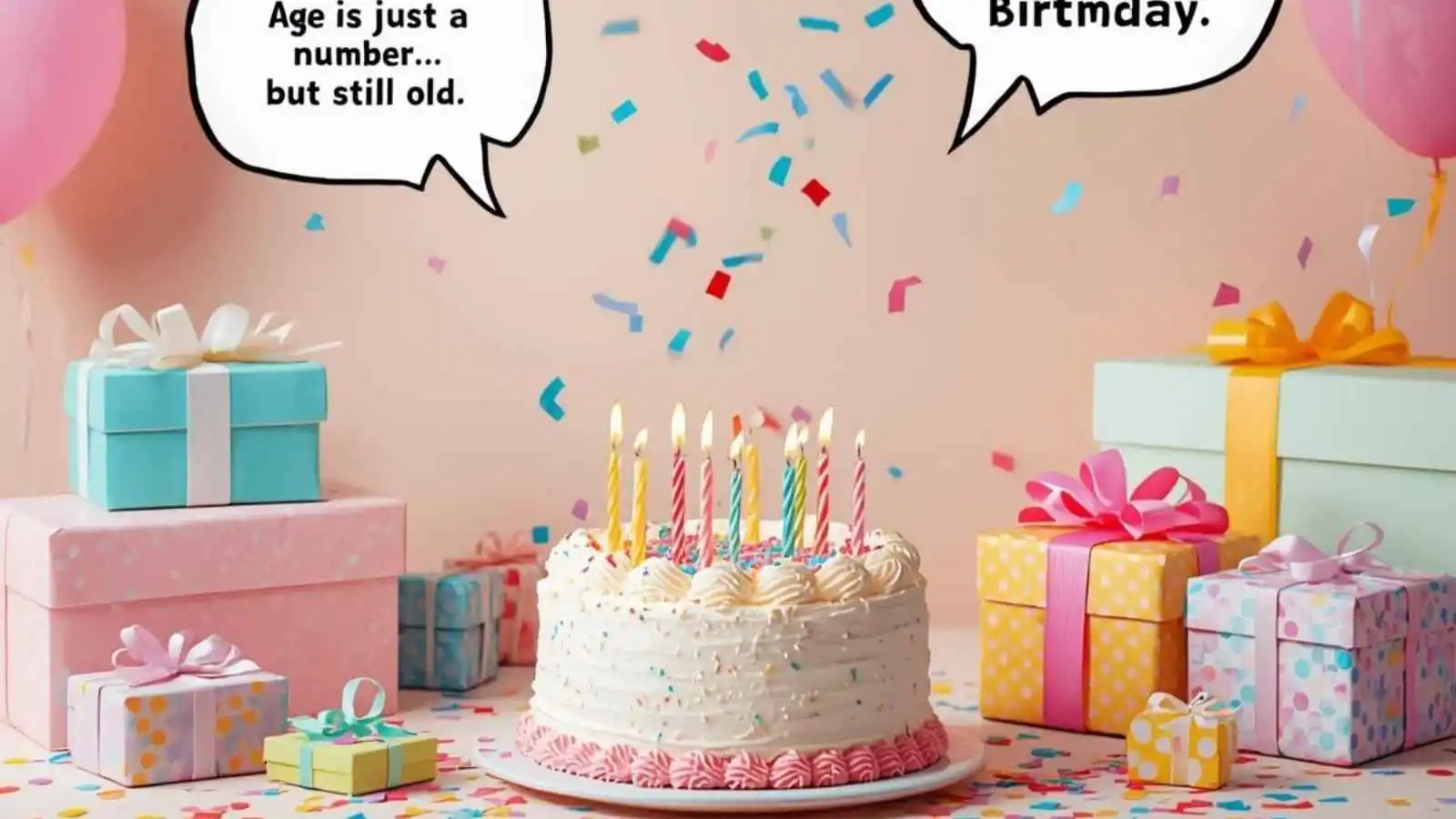 Festive birthday table with cake, gifts and hilarious birthday puns floating in speech bubbles.