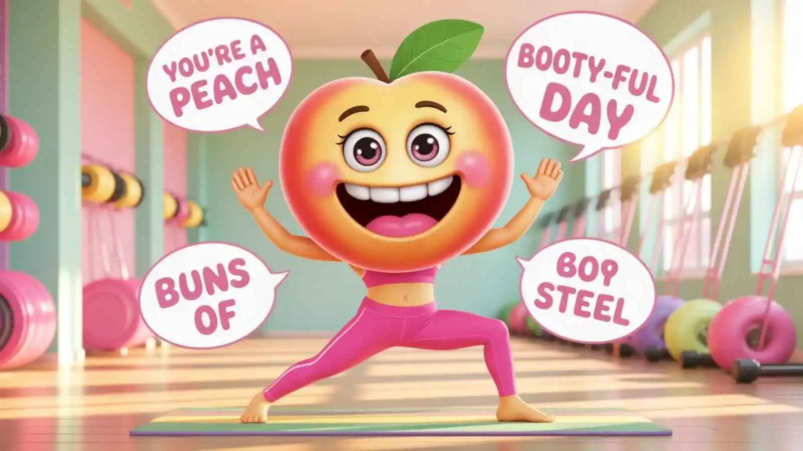 Cute peach emoji character striking funny poses with hilarious original butt puns floating in speech bubbles.