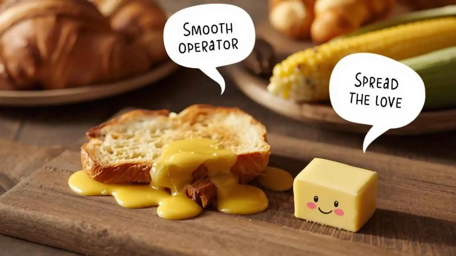 Golden butter melting on toast with hilarious original puns floating in speech bubbles.