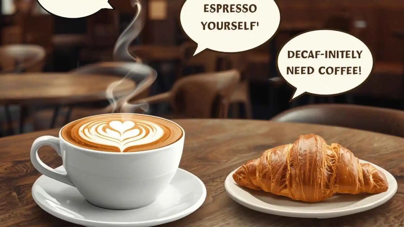 Steaming latte with heart art in a cozy café setting with funny original puns in speech bubbles.